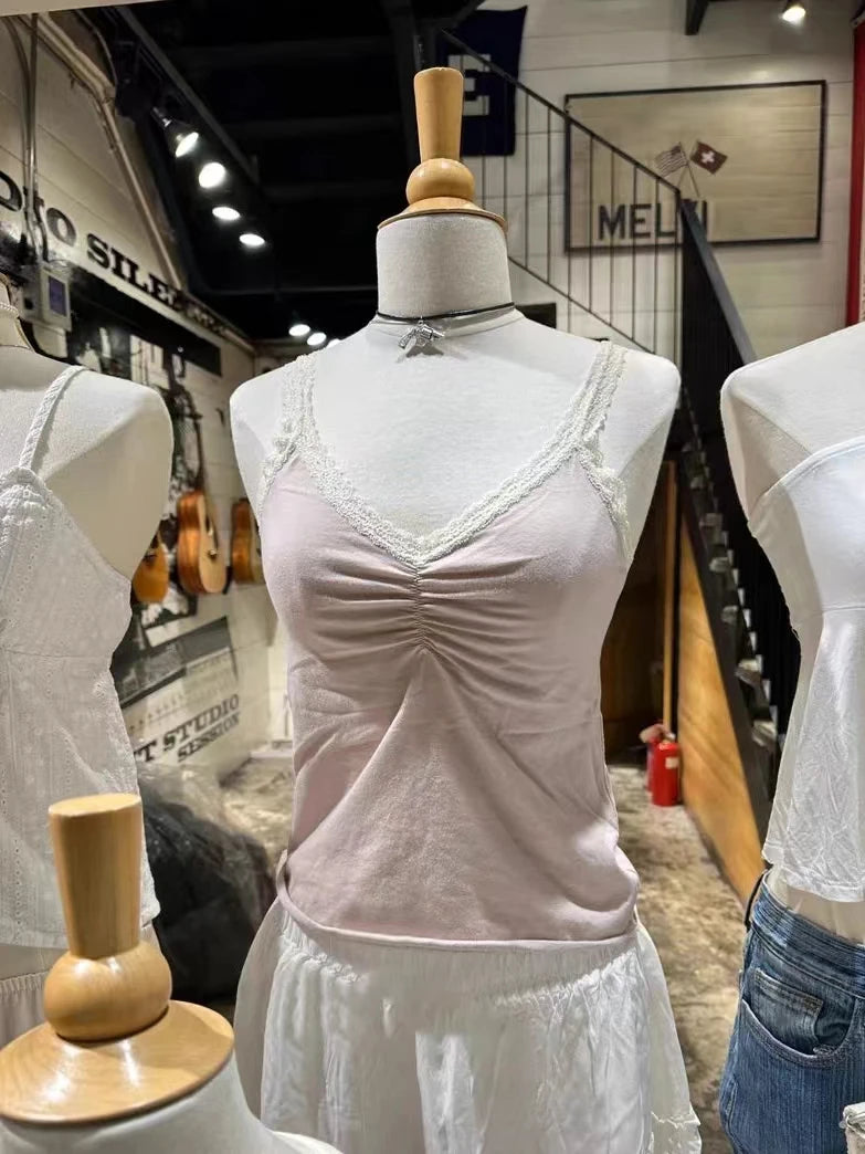 Folds V-neck Bow Black Tank Tops Women Summer Lace Trim Cotton Sleeveless Slim Cropped Camisole Vintage Sweet Crop Top