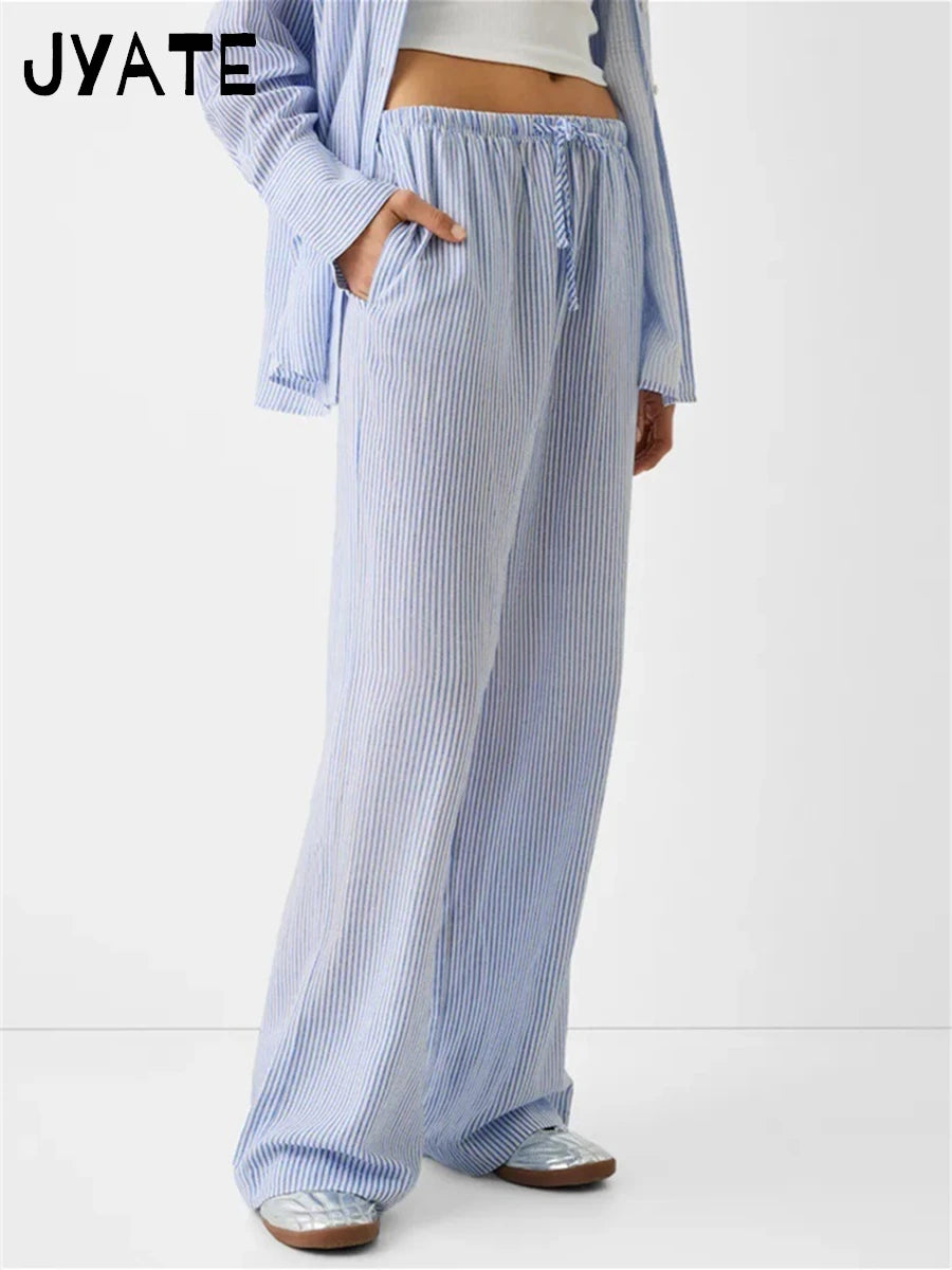 Pink Striped Casual Drawstring Long Pants Women Summer New Chic Streetwear Classic Straight Pant Sweet Cute Vintage Trousers Y2K