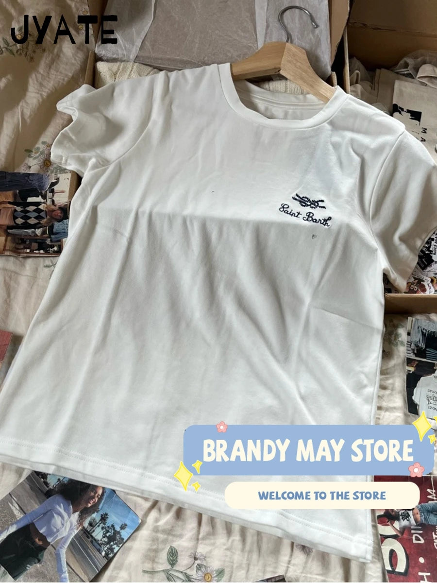 Fashion Letter Embroidery T-shirts Women New Casual Cotton Soft Loose Simple Short Sleeve Tee Vintage Chic Preppy Tshirt Y2K Top