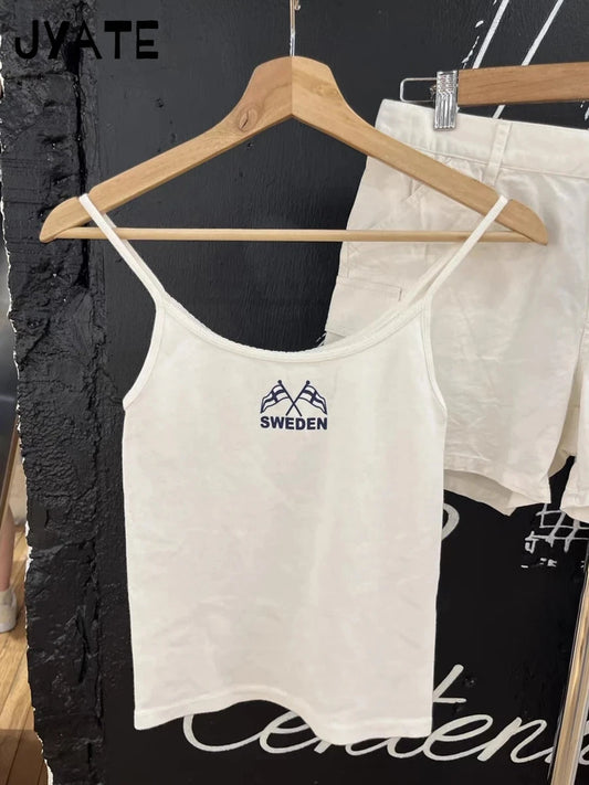 Simple Flag Letter Print Slim Tank Tops Women New Cotton Soft Casual Streetwear Lace Trim Crop Top Vintage Sweet Chic Camis Y2K