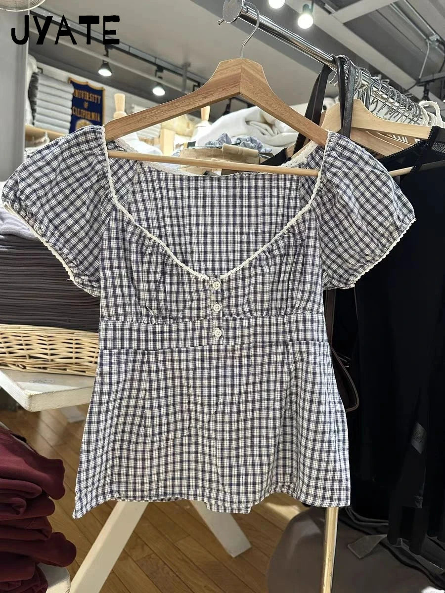 Vintage Gray Plaid Short Puff Sleeve Tee Women Three Button Square Neck Lace Trim T-Shirt Blouse Sweet Cute Retro Crop Tops New