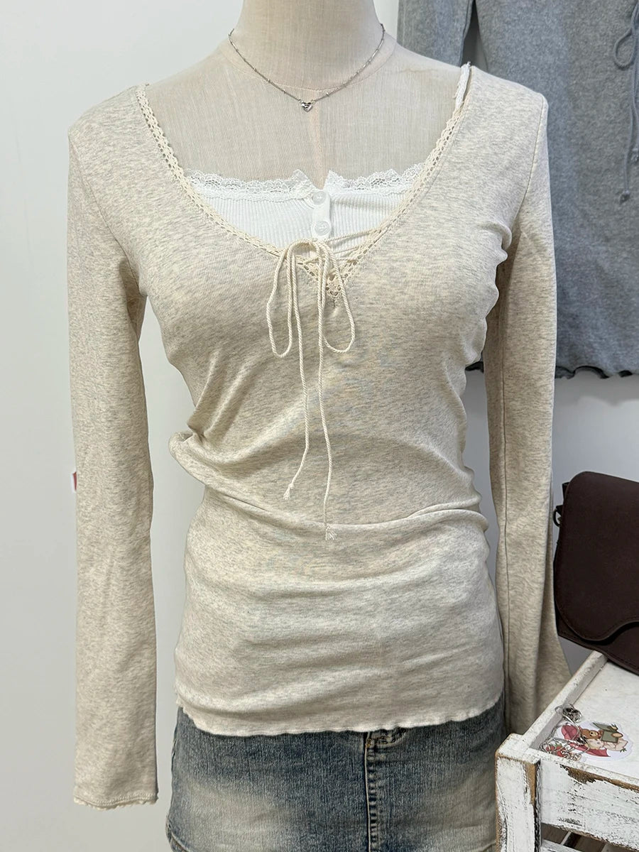 Lace-up V-neck Long Sleeve T-shirts Women Summer Y2K Streetwear Lace Trim Slim Cotton Tee shirt Female Sweet Simple Chic Tshirts