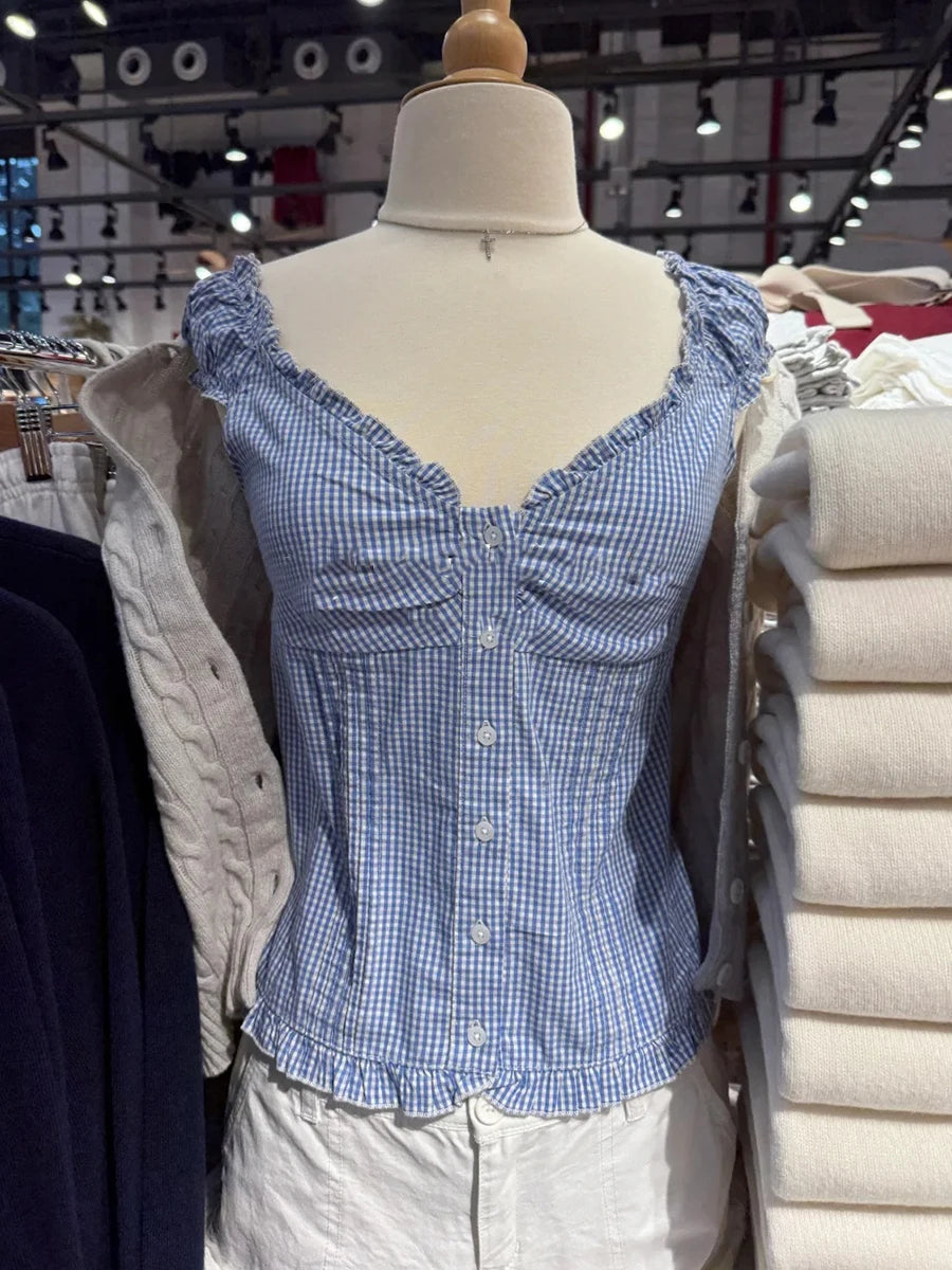 Floral Embroidery Folds Blouse Top Women Summer Single Breasted Ruffle Sleeveless Tank Tops Vest Sweet Cute American Camis New