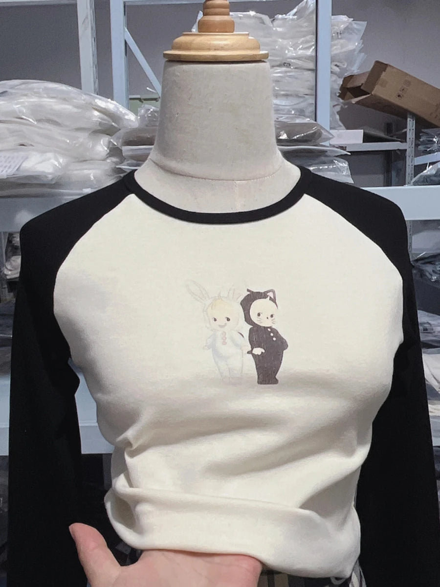 Cute Cartoon Angel Cotton Long Sleeve Tee Women New Casual Patchwork Streetwear T-shirts Female Sweet Vintage Y2K Baby Crop Tops