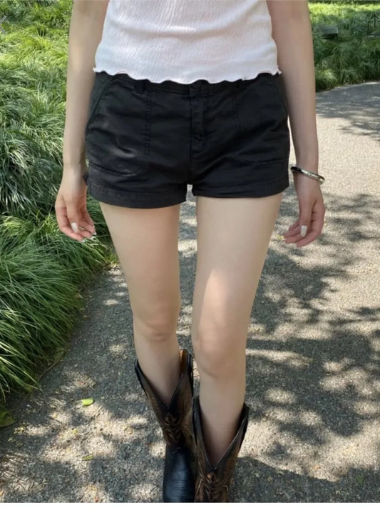 Black Pocket Button Cargo Shorts Women Summer Cotton Casual Loose Elastic High Waist Short Pants Vintage Sweet Chic Sweatshort
