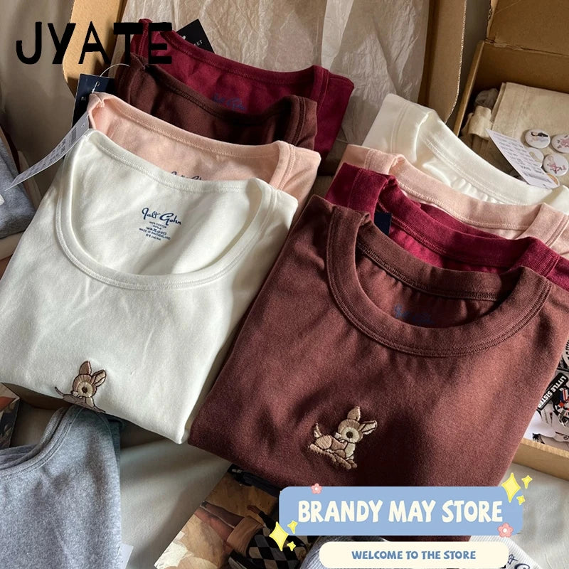 Little Deer Embroidery Crop Tops Women New Cotton Soft Casual Simple Cute Slim Short Sleeve Tees Preppy Style Sweet T-shirts Y2K