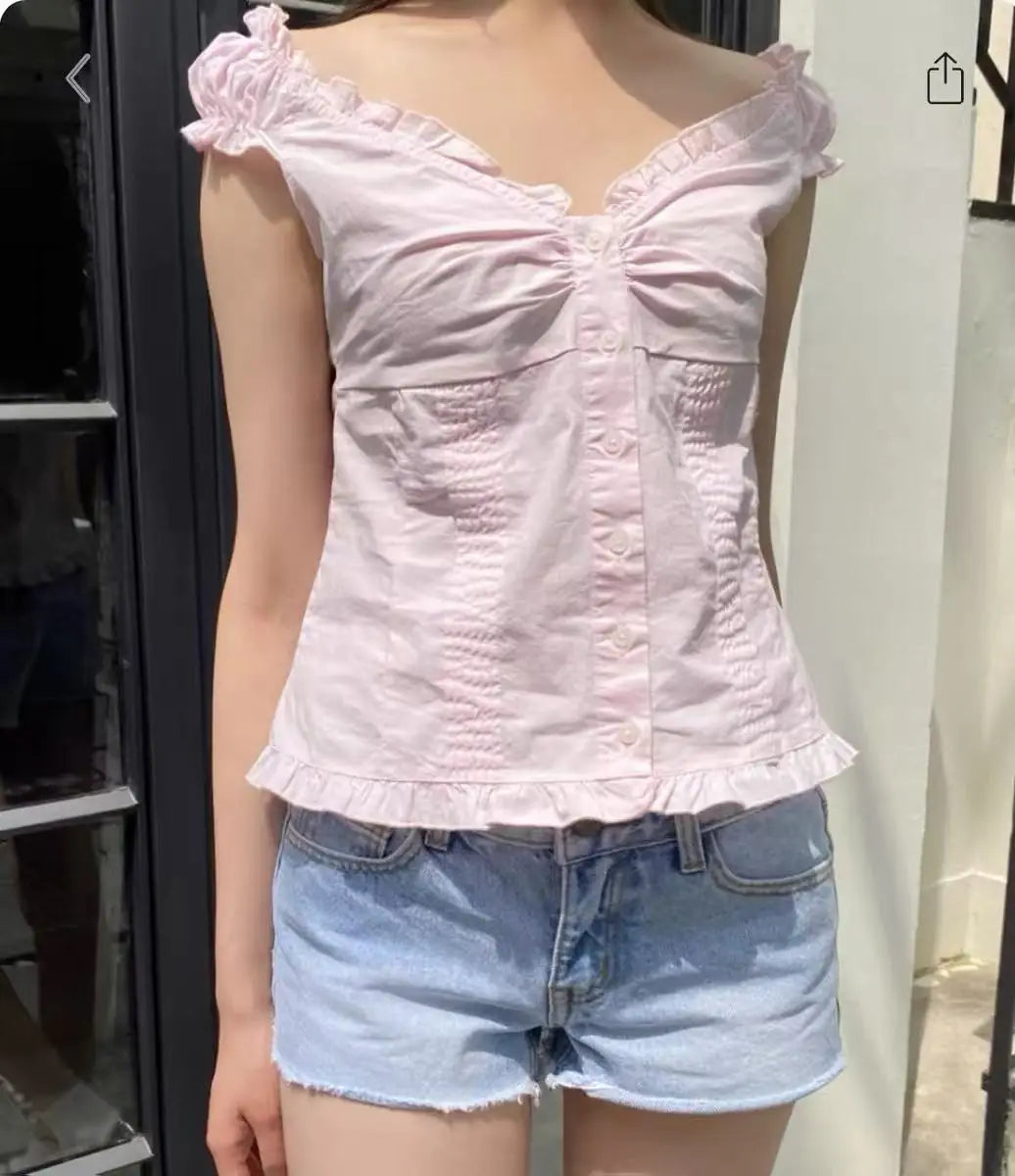 Blue Striped Folds Blouse Top Women New Casual Single Breasted Ruffle Sleeveless Tank Tops Vest Sweet Preppy Style Camisole Y2K