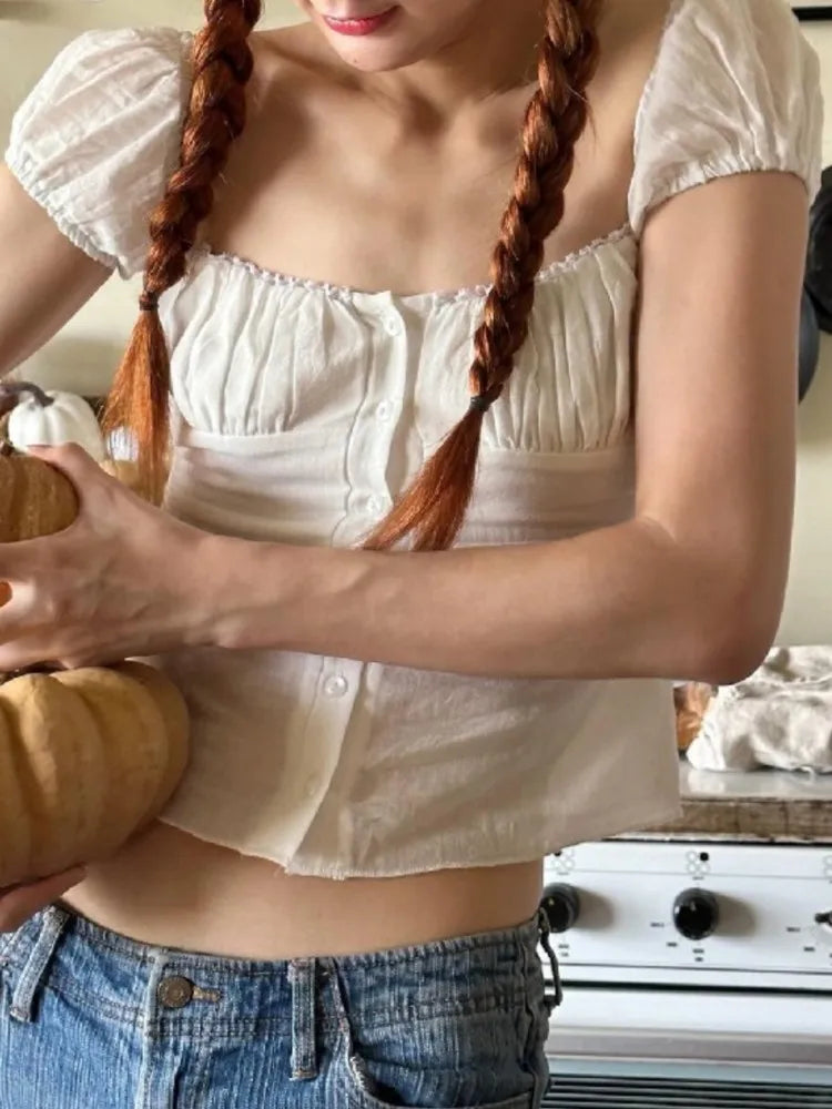 White Ruffle Sleeveless Blouse Top Women New Single Breasted Square Collar Tank Tops Vest Sweet Cute Preppy Style Camisole Y2K