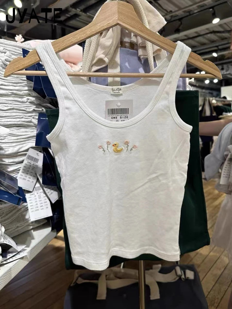 Cute Duck Daisy Embroidery U-neck Tank Tops Women New Cotton Casual Preppy Style Sleeveless Vest Sweet Vintage Chic Camisole Y2K