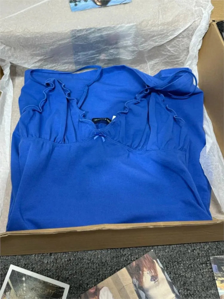 Electric Blue Ruffle Dress Women Summer Casual Slim V-neck Cotton Dresses Sweet Preppy Style Sleeveless Vestidos Y2K