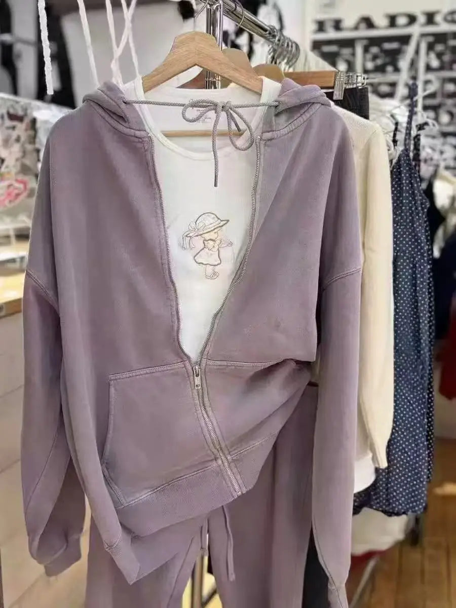 Purple hooded fleece sweatshirt, women's hoodie, loose fit, slimming zip-up cardigan top