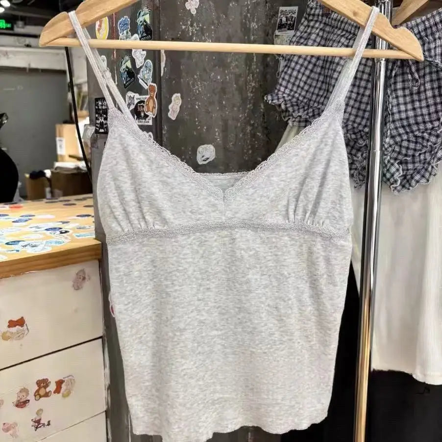 Lace Trim V-neck Camisole Women Summer Casual Slim Cotton Soft Cropped Sleeveless Vests Female Vintage Sweet Chic Tank Tops Y2K