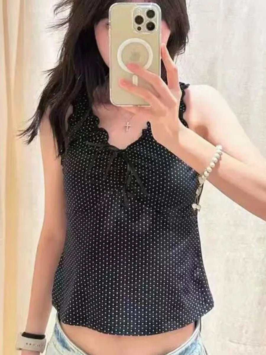 Black Folds Polka Dot Harajuku Tank Top Woman Summer New Sweet Bow V-neck Cotton Slim Camisole Vintage Simple Crop Top Vest Y2K