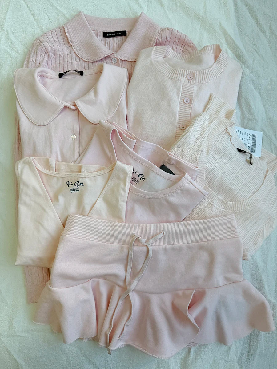 Mini Ballet Faldas Sets Women Casual Chic Pink Lace-up A-line Skirts Set Cute Sweet Preppy Style Short Skirt 2 Piece Set