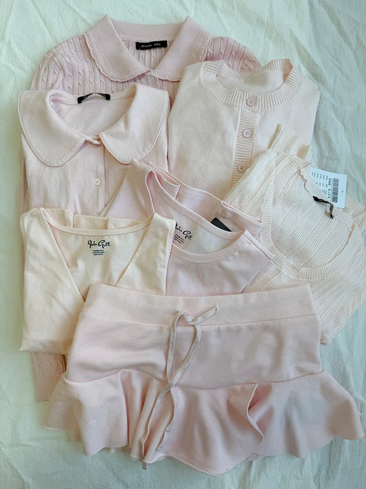 Mini Ballet Faldas Sets Women Casual Chic Pink Lace-up A-line Skirts Set Cute Sweet Preppy Style Short Skirt 2 Piece Set