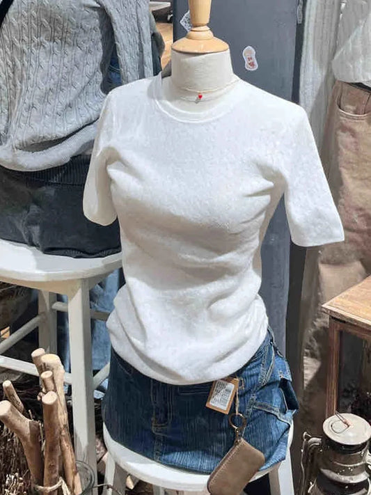 White Eyelet Short Sleeve Tees Women New Cotton Soft Casual Basic Simple O-neck T-shirts Preppy Style Sweet Cute Tshirt Y2K Tops