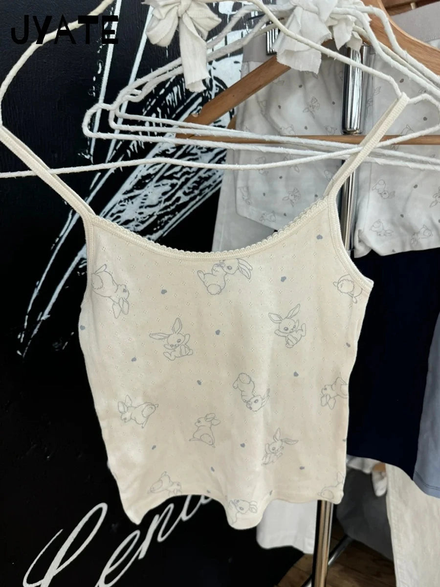 Cute Rabbit Print Eyelet Camisole Women New Cotton Casual Lace Trim Preppy Style Sleeveless Vests Sweet Cozy Pajamas Tank Tops