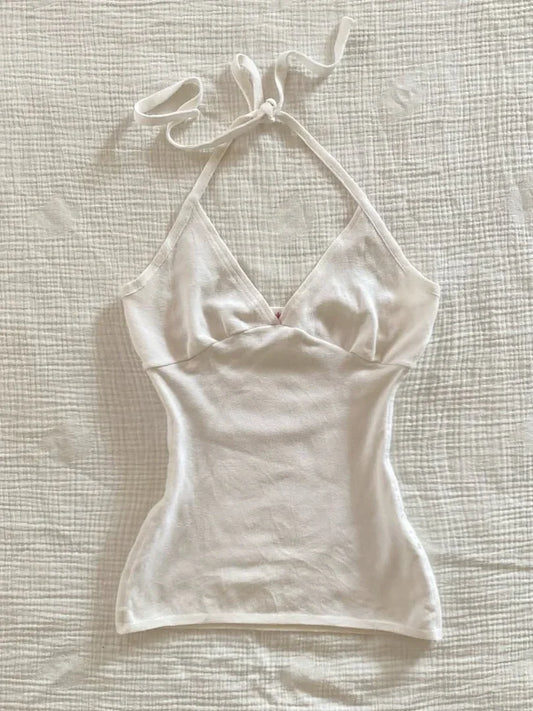 Sweet V-neck Halter Tank Tops Women Summer New All-match Sexy V-neck Slim Camisole Casual Vintage Preppy Style Cute Crop Top Y2K