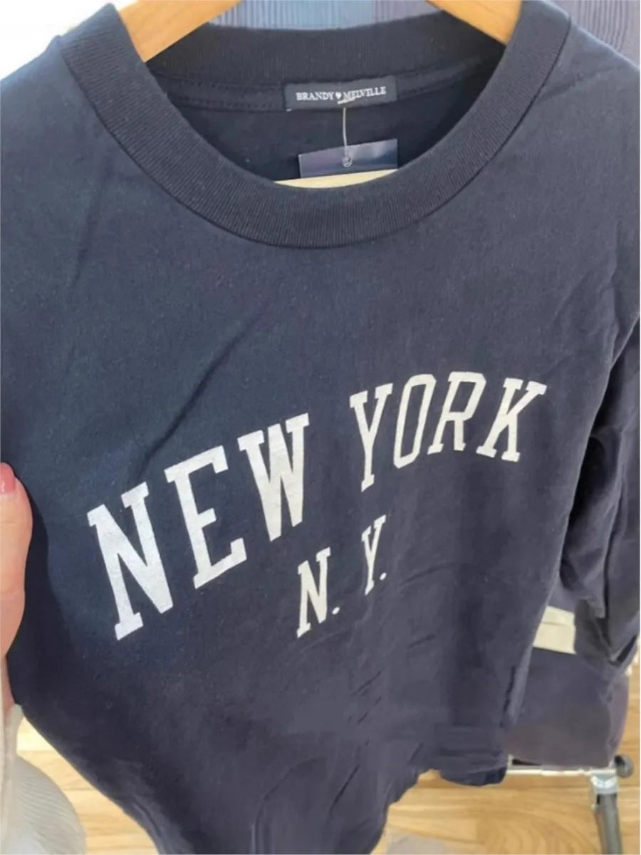Vintage Letter Print Loose Long Sleeve Tee Women O-neck Cotton Casual Simple Tops Clothes Preppy Style Sweet Chic T-shirts Y2K