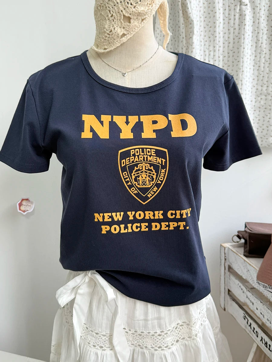 NYPD Print O-neck T-shirts Women Summer Casual Streetwear Cotton Slim Short Sleeve Tees Female Vintage Chic Preppy Style Tshirts
