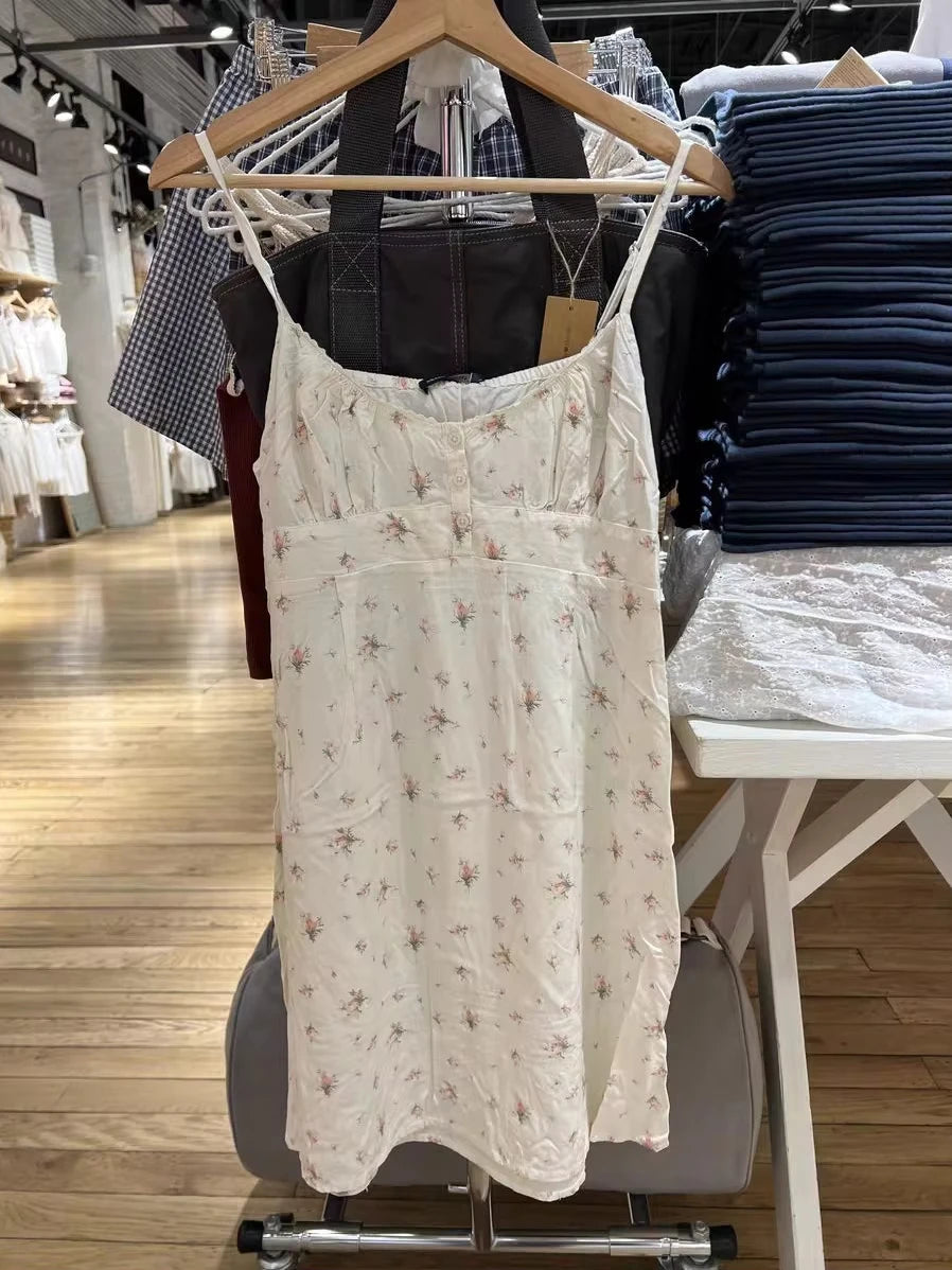 Floral Print Lace Trim V-neck Mini Dress Women Summer Casual Buttons A-line Short Vestidos Cute Sweet Preppy Style Y2K Dresses