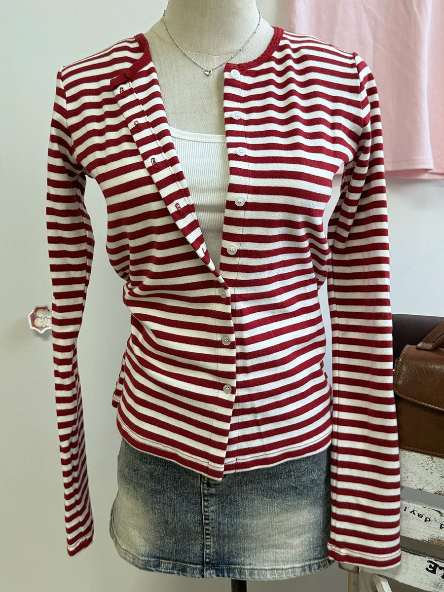 Gray Striped Eyelet Slim T-shirt Women Preppy Style O-neck Single Breasted Cotton Long Sleeve Tee Shirts Cute Vintage Sweet Tops