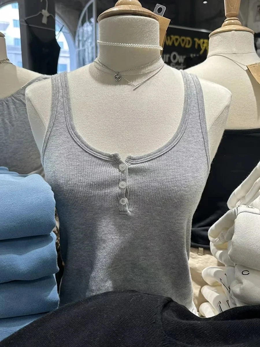 Fashion Solid Buttons Waffle Tank Tops Women Summer New Casual Cotton Raw Hem Slim Vests Female Y2K Streetwear Vintage Camisole