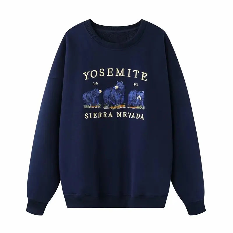 Letter Embroidery Sweatshirts Women Autumn New Casual O-neck Flag Long Sleeve Hoodies Vintage Harajuku Chic Pullover Top Y2K