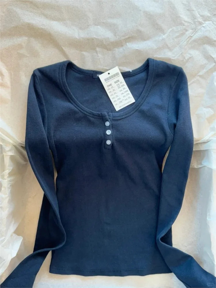 Navy Three Buttons Ribbed Long Sleeve T-shirts Women Soft O-Neck Tshirt Top Female Vintage Cute Preppy Style Y2k Streetwear Tees