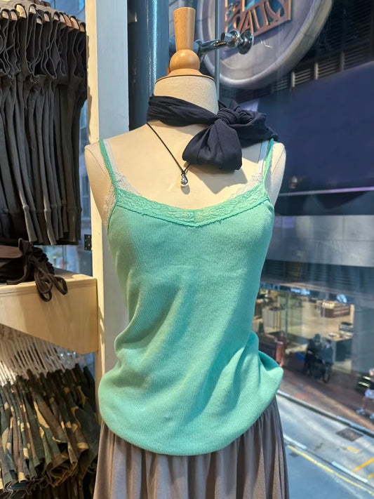 Lace Trim Ribbed Slim Tank Top Women Cute Casual Basic V-neck Cotton Lined Camisole Female Vintage Simple All-match Vest Y2k New