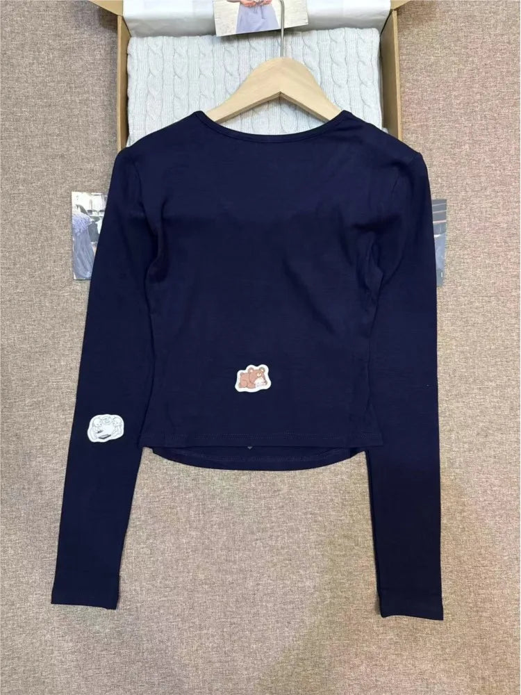 Navy Buttons V-neck T-shirts Women Autumn New Casual Cotton Slim Patchwork Long Sleeve Tees Fashion Chic Vintage Tshirt Y2K Tops