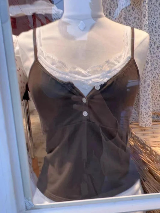 Retro Brown Lace Trim Buttons Tank Tops Women Summer V-neck Cotton Sexy Slim Sleeveless Crop Top Sweet Vintage Chic Y2K Camisole