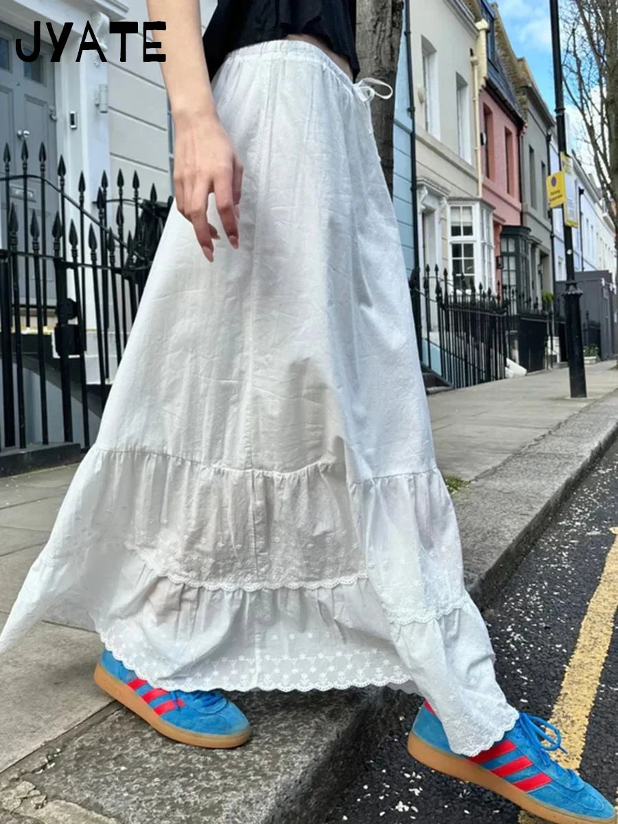 White Floral Embroidery Maxi Skirts Women New Cotton Lace Trim Drawstring High Waist Ruffles Long Skirt Vintage Sweet Faldas Y2K