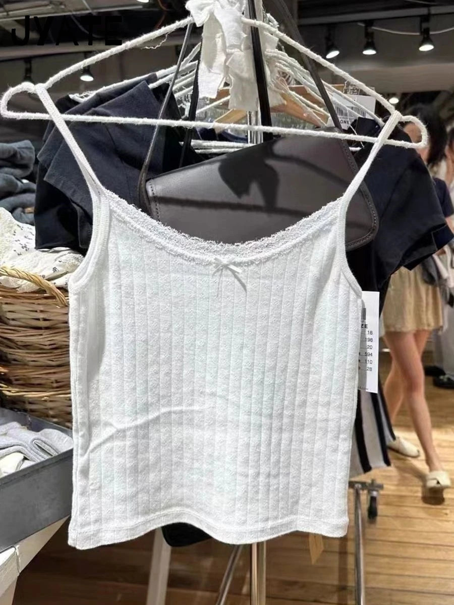 Fashion Blue Bow Texture Cotton Tank Tops Women Casual Cotton Lace Trim Summer Slim Cropped Vest Sweet Cute Vintage Camisole Y2K