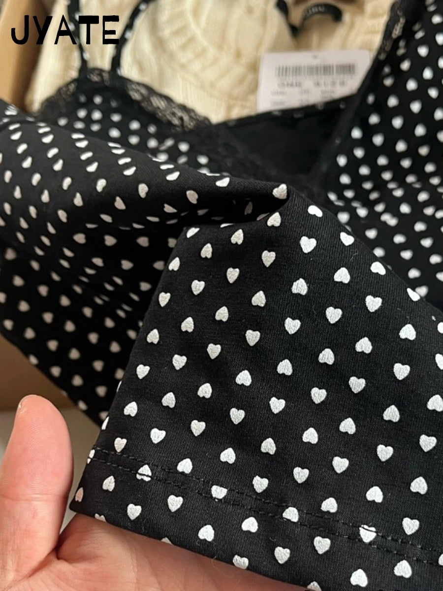 Harajuku Heart Print Lace Trim Black Camisole Women Summer New Cotton Sexy Slim V-neck Cropped Vest Vintage Chic Sweet Tank Tops