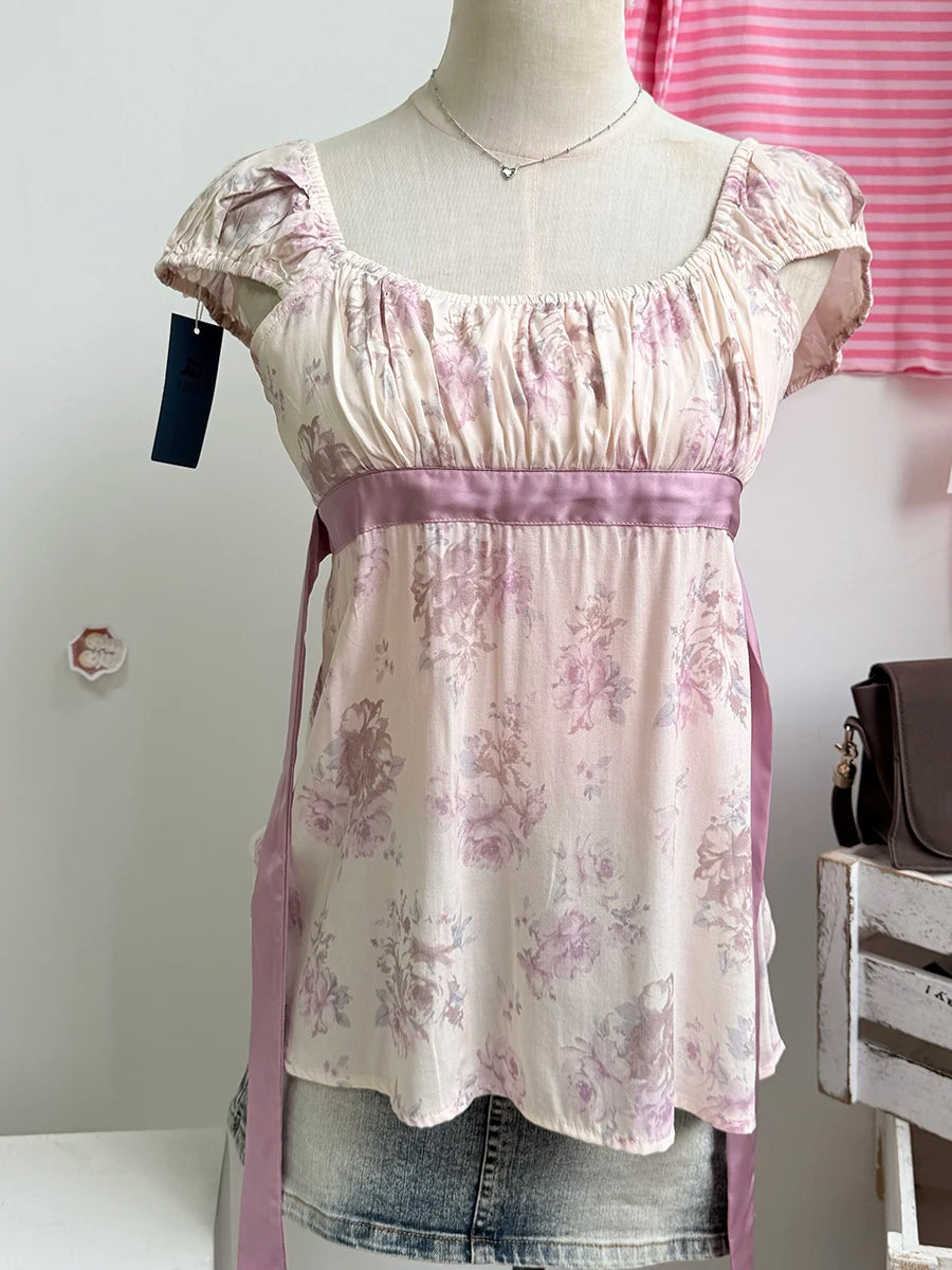 Purple Floral Top Women Casual Slim Lace-up Square Collar Babydoll Sleeveless Tee Tops Sweet Vintage Preppy Style T-shirts Y2K