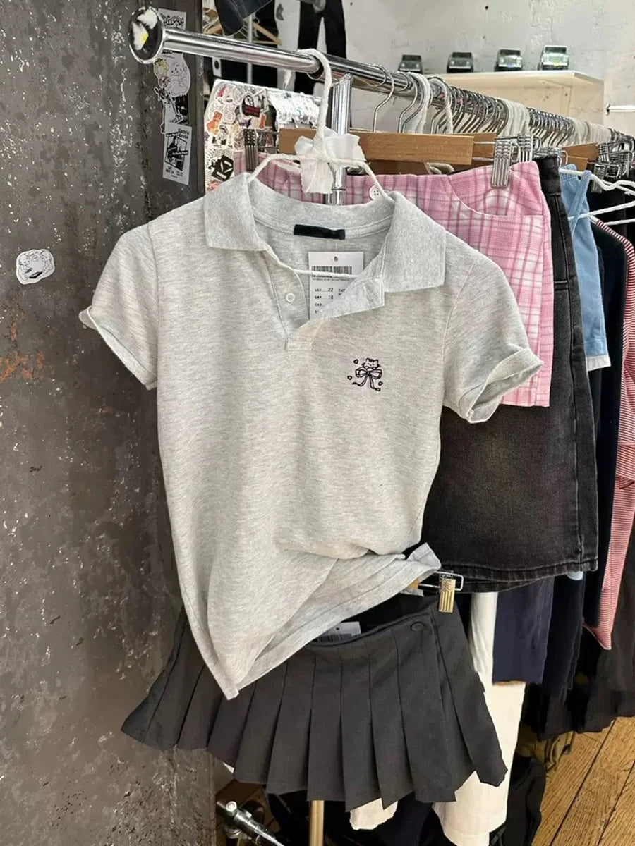 Bow Cat Embroidery Polo T-shirt Women Summer Gray Cotton Turn Down Collar Short Sleeve Tees Vintage Sweet Preppy Style T Shirt