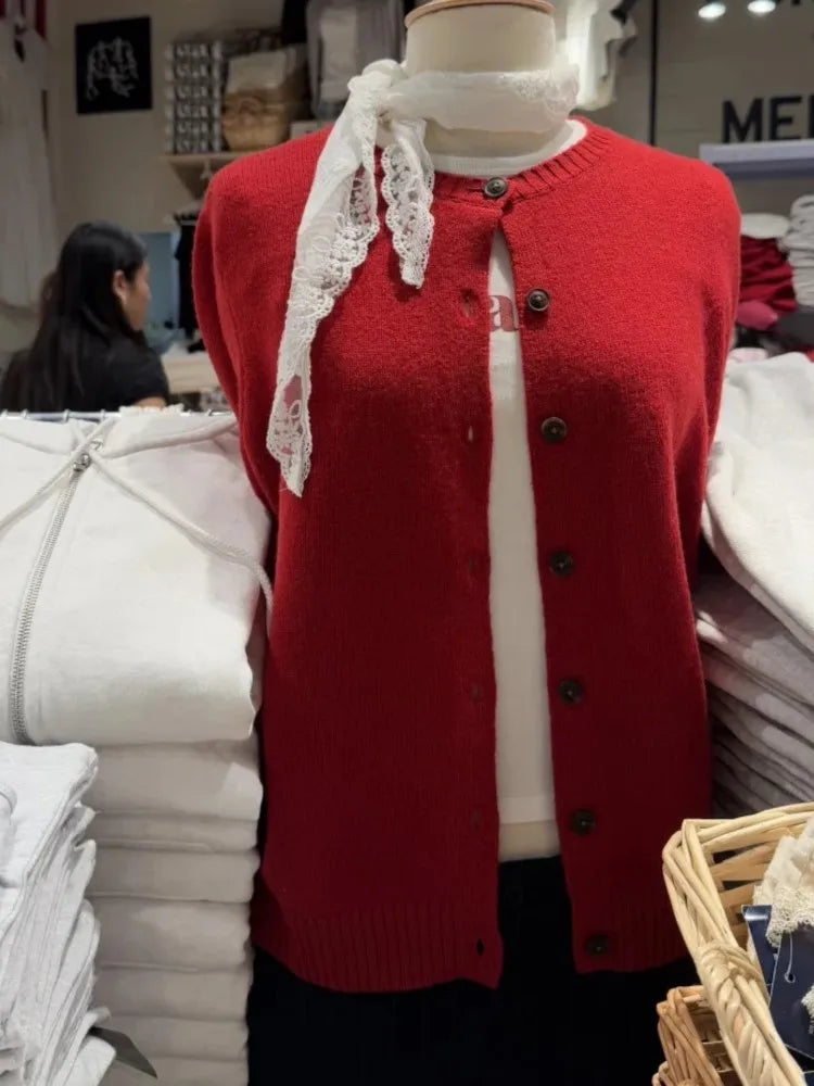 Christmas Red Knitted Sweater Cardigan Autumn Round Neck Single Breasted Cotton Knitwear Casual Vintage Chic Y2K Sweaters Coat