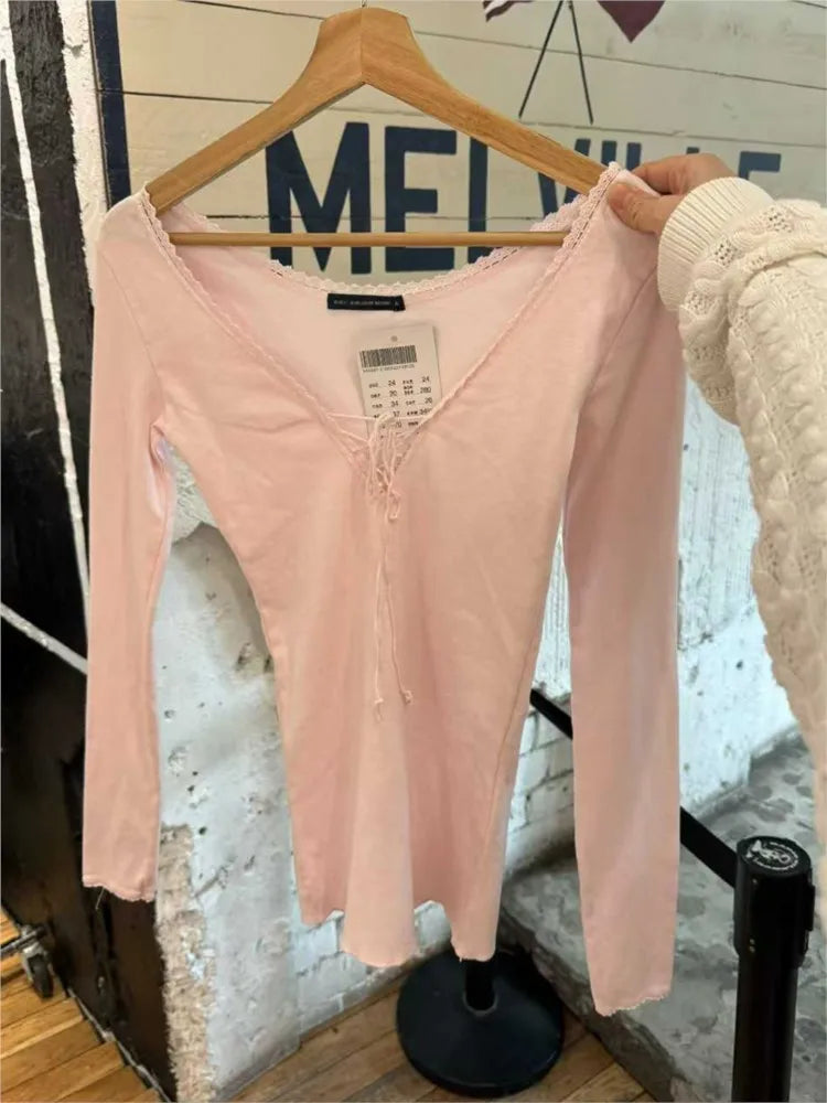 Lace Trim Long Sleeve Tees Women Spring Streetwear Cotton Slim V-neck Lace-up Tops Sweet Cute Pink Chic T-shirts
