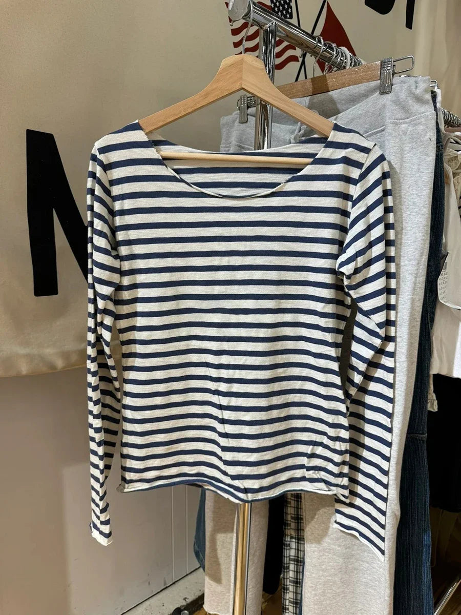 Chic New Navy Striped Long Sleeve T-shirt Woman Autumn Cotton Sexy Slash Neck Raw Hem Tees Casual Vintage Streetwear Y2K Tshirts