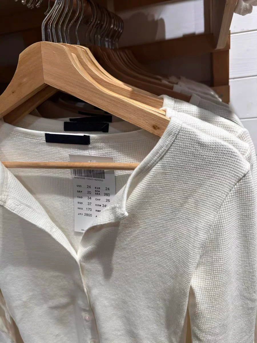Waffle White Slim Cotton T-shirt Women New Round Neck Single Breasted Long Sleeve Tees Casual Sweet Simple Basic Tshirts Y2K Top