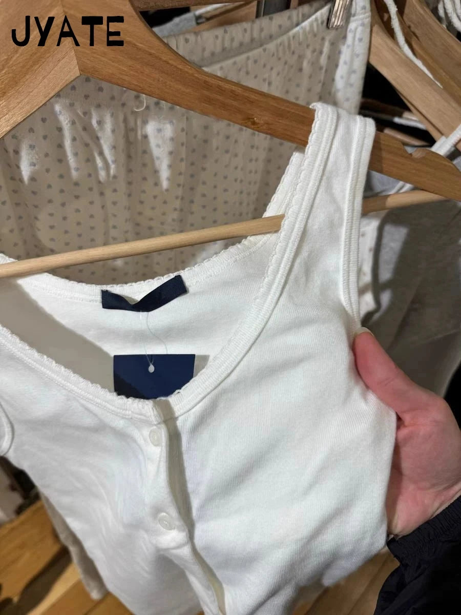White Lace Trim Slim Crop Top Women Summer Casual Single Breasted U Collar Cotton Cropped Vest Simple Basic Chic Tank Tops Y2K