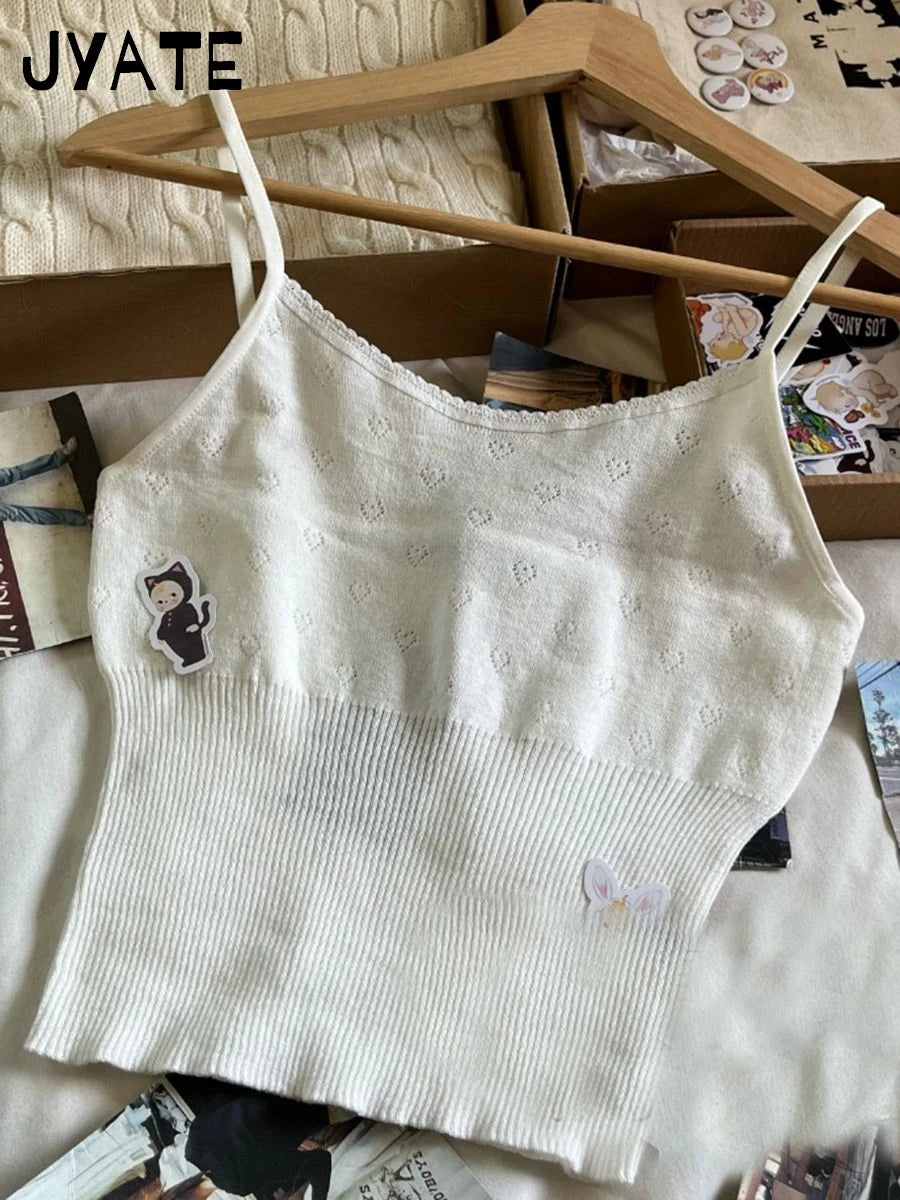 Heart Hollow Out Knitted Camisole Women Summer New Slim Casual Cotton Soft Sleeveless Vest Sweet Simple Basic Cute Tank Tops Y2K