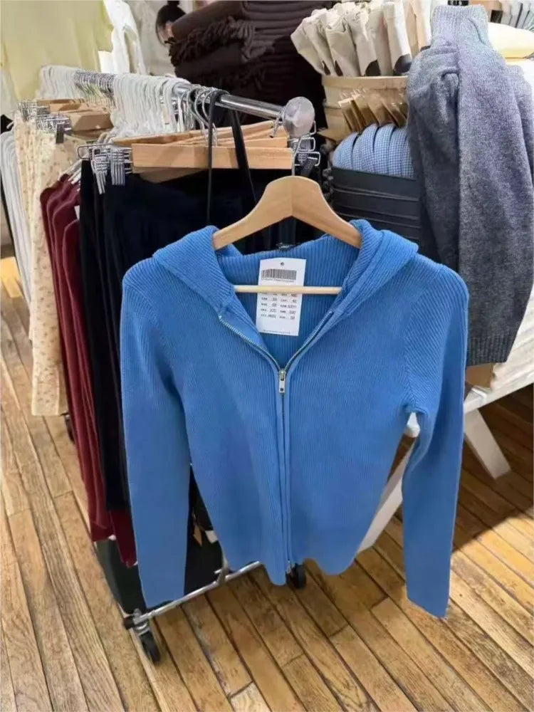 Sweet Blue Knitted Hoodies Tops Women Autumn New Casual Cotton Double Zipped Jumpers Coat Vintage Chic Basic Cardigan Sweaters