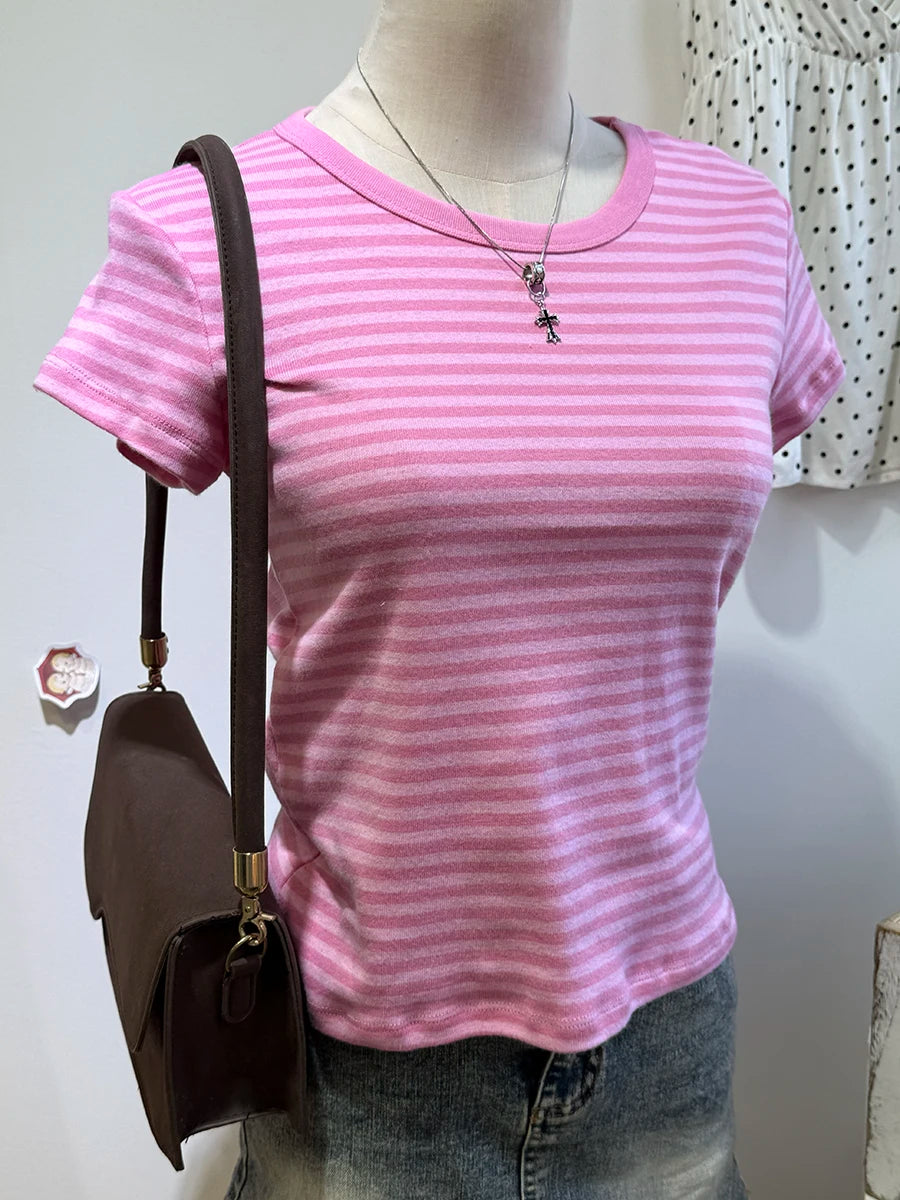 Pink Striped Slim Buttons T-shirts Women New Cotton O-neck Casual Simple Basic Short Sleeve Tees Sweet Cute Girls Tshirt Y2K Top