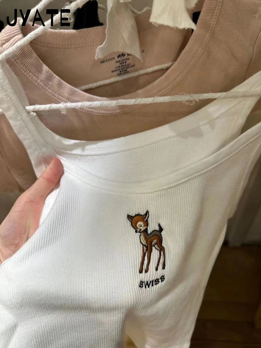 Little Deer Embroidery White Camis Women Ribbed Cotton U-neck Simple Sleeveless Cropped Vests Vintage Sweet Chic Tank Tops Y2K