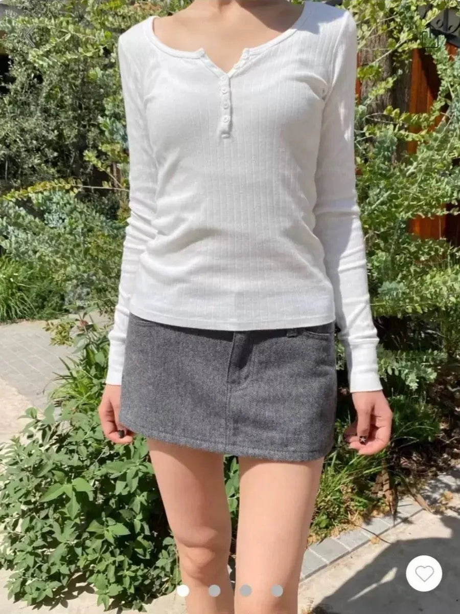 Six Button Eyelet White Long Sleeve Tees Women Y2K Cotton Casual Slim Single Breasted Smock Tops Sweet Simple Basic T-shirts New