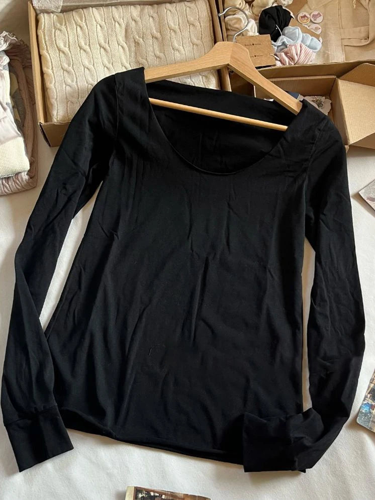 Simple Basic Raw Trim Thin Slim Long Sleeve T-Shirts Women Autumn Sexy Scoop Neck Cotton T Shirt Female Vintage Casual Tees Y2K