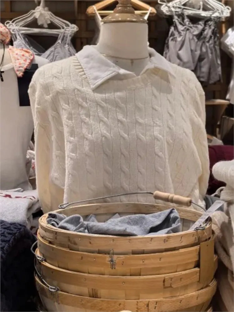 Beige Twisit O-neck Knitted Sweater Women Autumn New Casual Loose Long Sleeve Pullover Tops Simple Preppy Style Jumper Sweaters