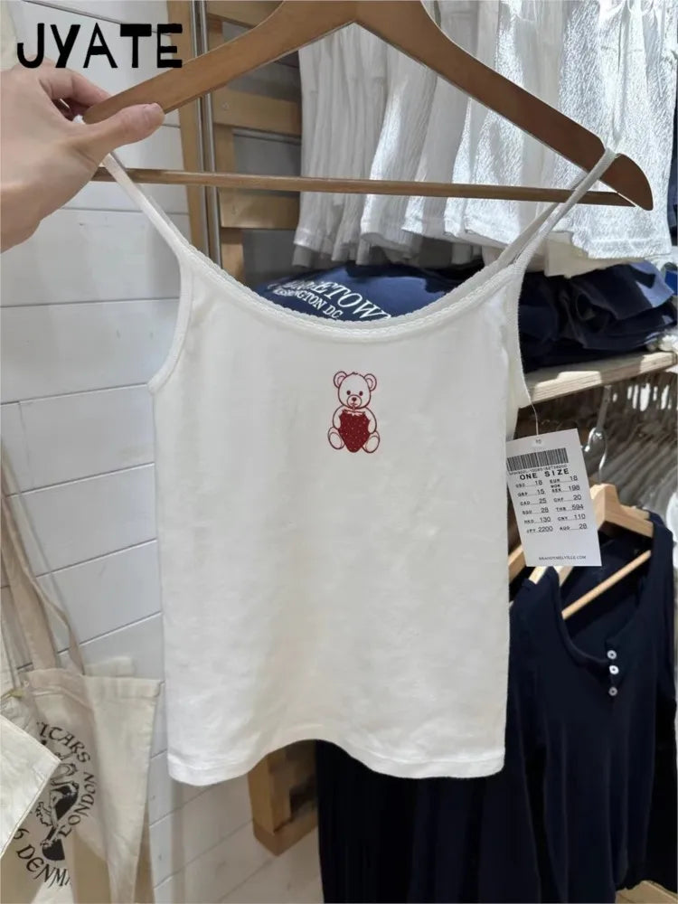 Strawberry Bear Print Tank Tops Women Summer New Cotton Slim Casual Sleeveless Cropped Vests Sweet Cute Preppy Style Camisole